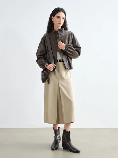 Beige Pocket A-Line Midi Skirt