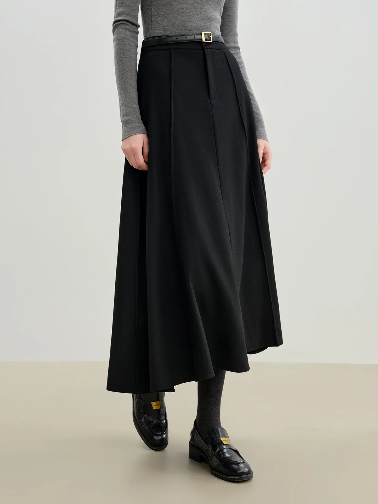 Taupe Wool Pleated Flared Midi Skirt
