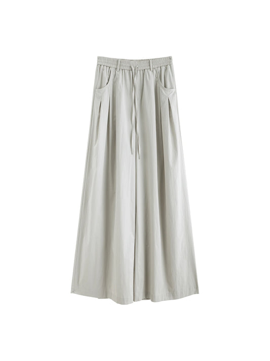 Khaki Pleated Drawstring Wide Pants