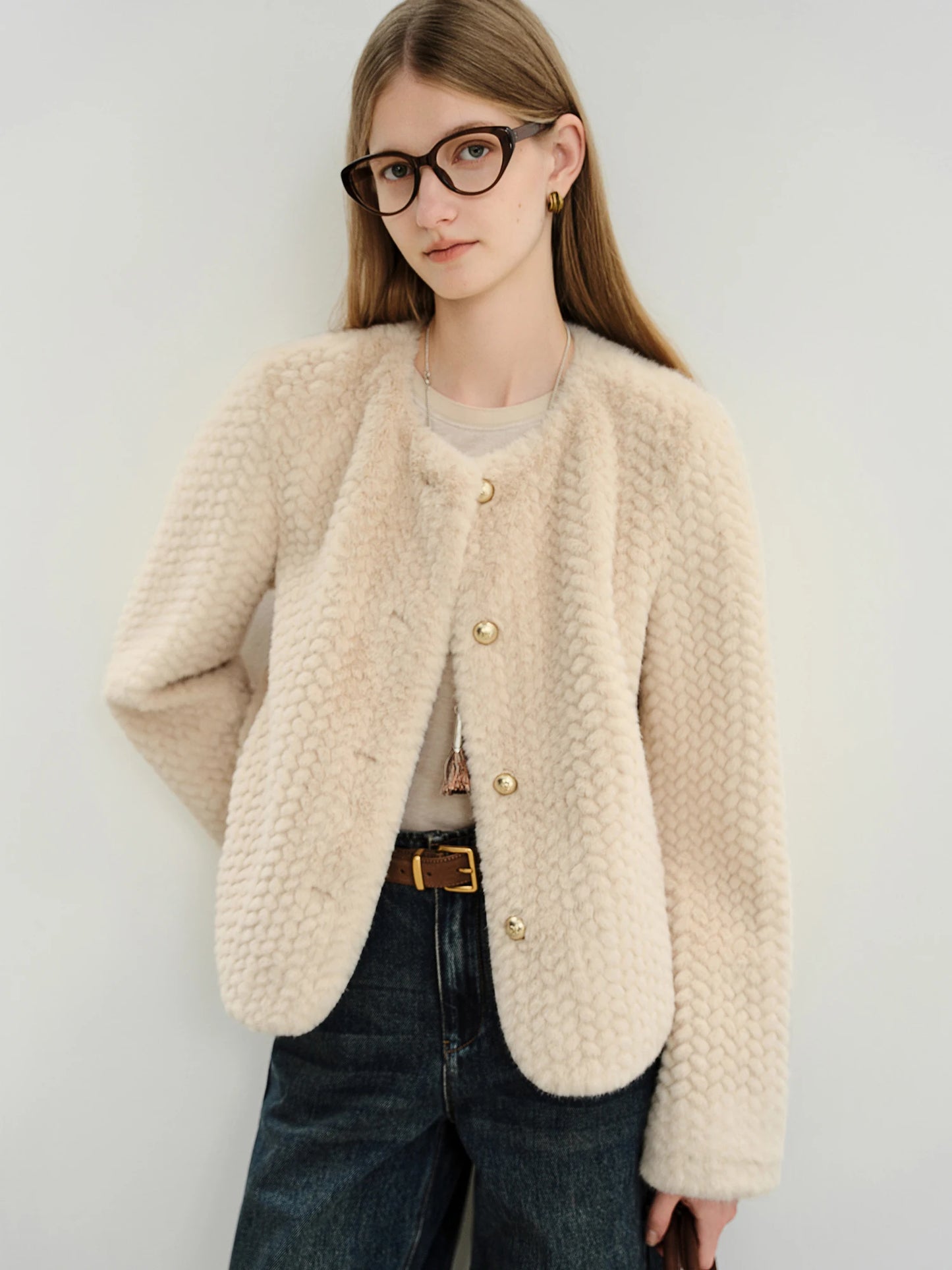 Ivory Textured Faux Fur Jacket