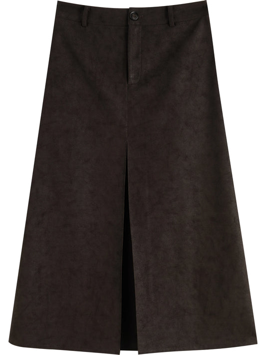 Brown Faux Leather Slit Skirt