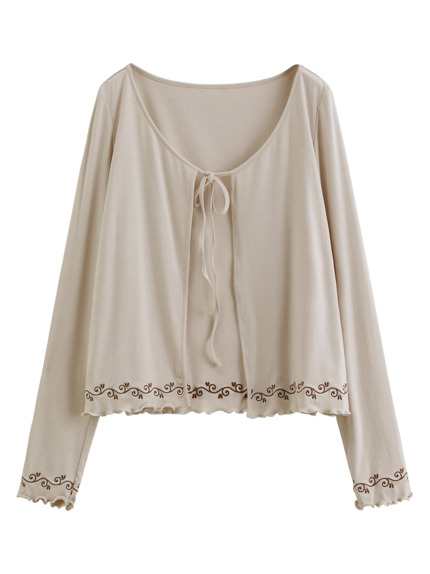 Cream Embroidered Tie Front Cardigan