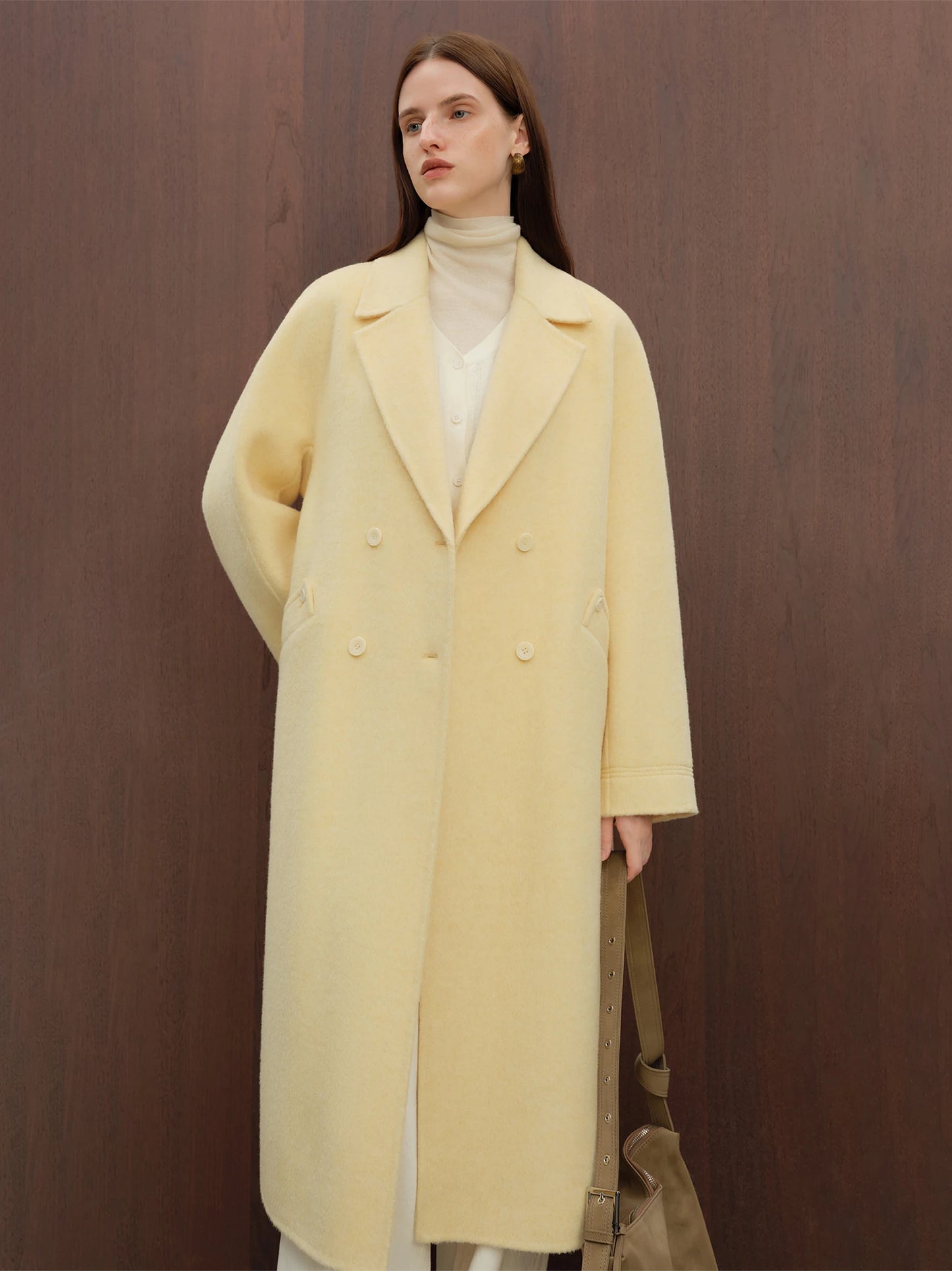 Cream Belted Lapel Wool Coat