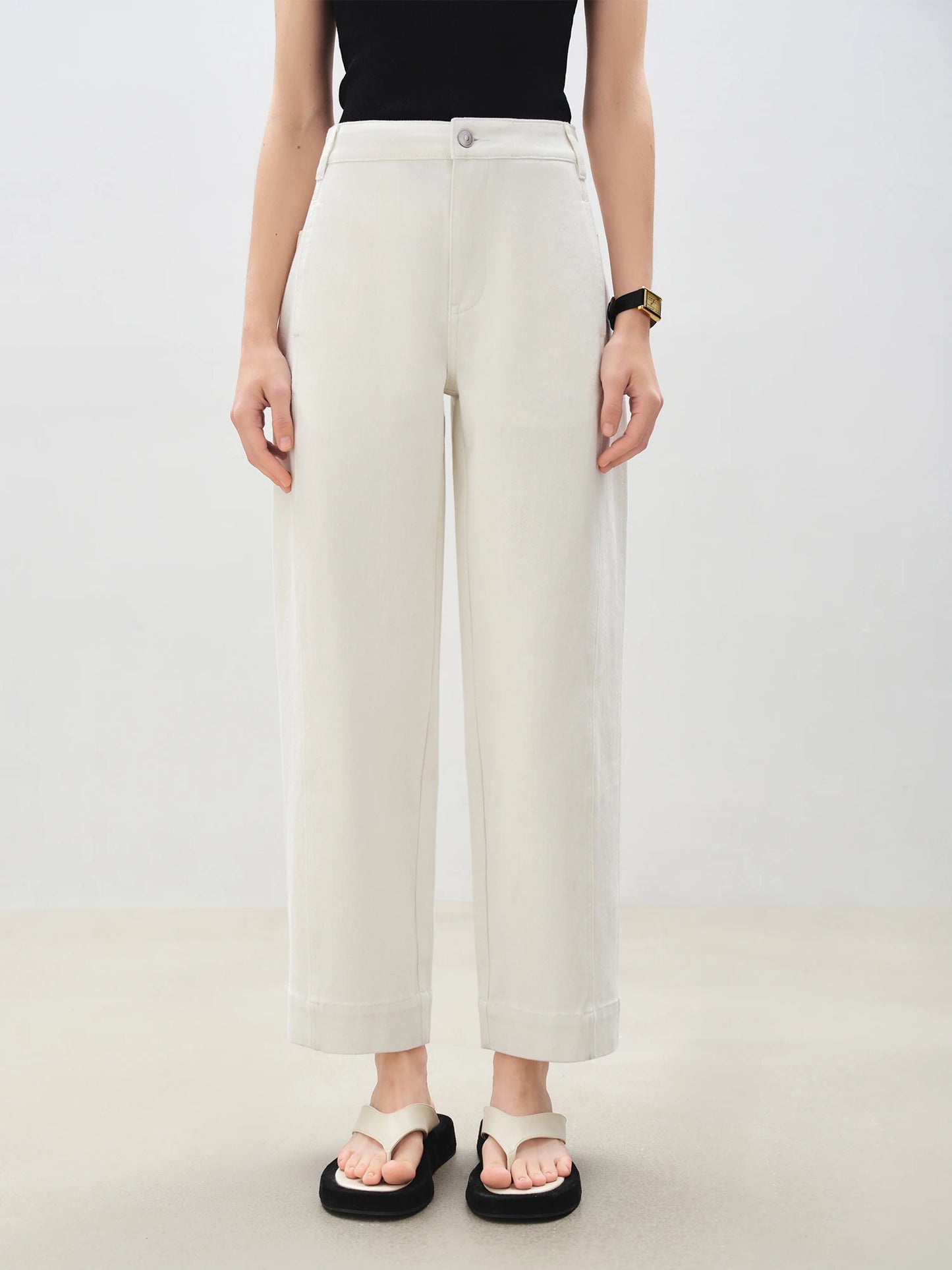 White Curved Hem Barrel Jeans