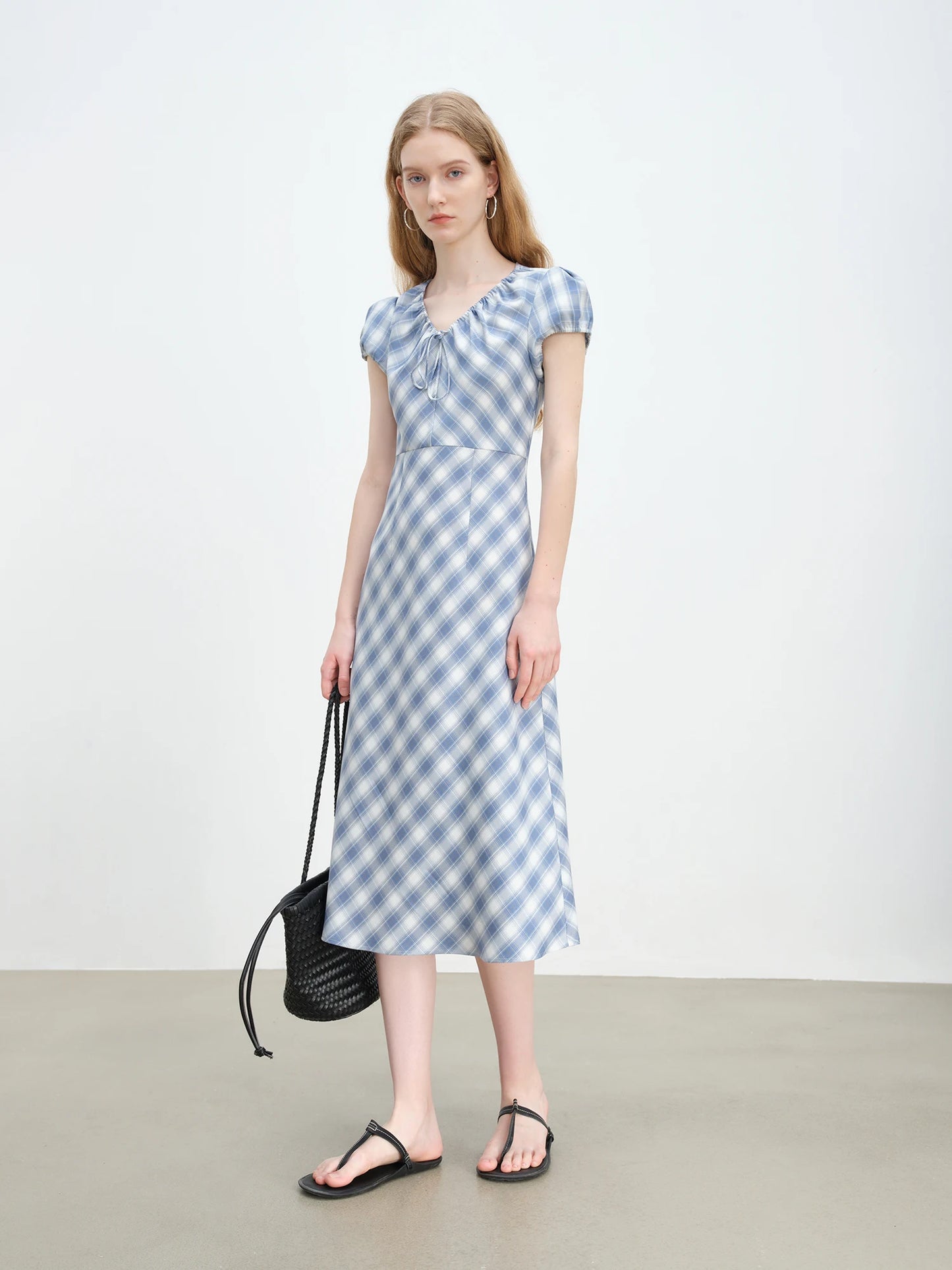 Blue Gingham Tie Collar Dress