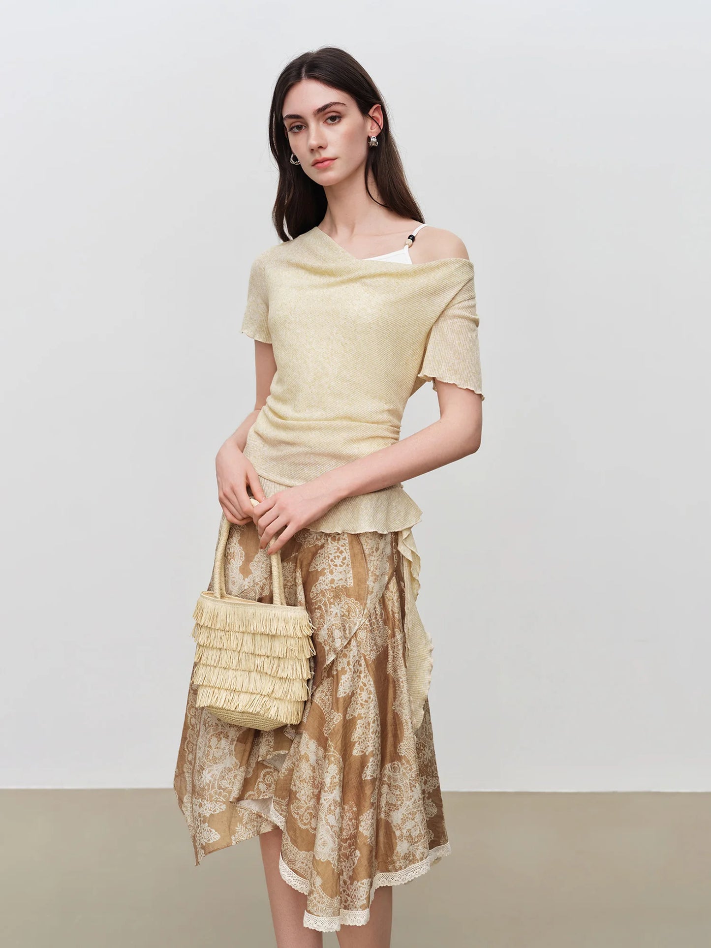 Beige Draped Side Tie Knit Top