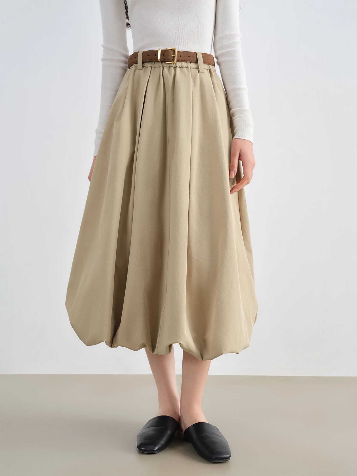 Beige Bubble Hem Midi Skirt