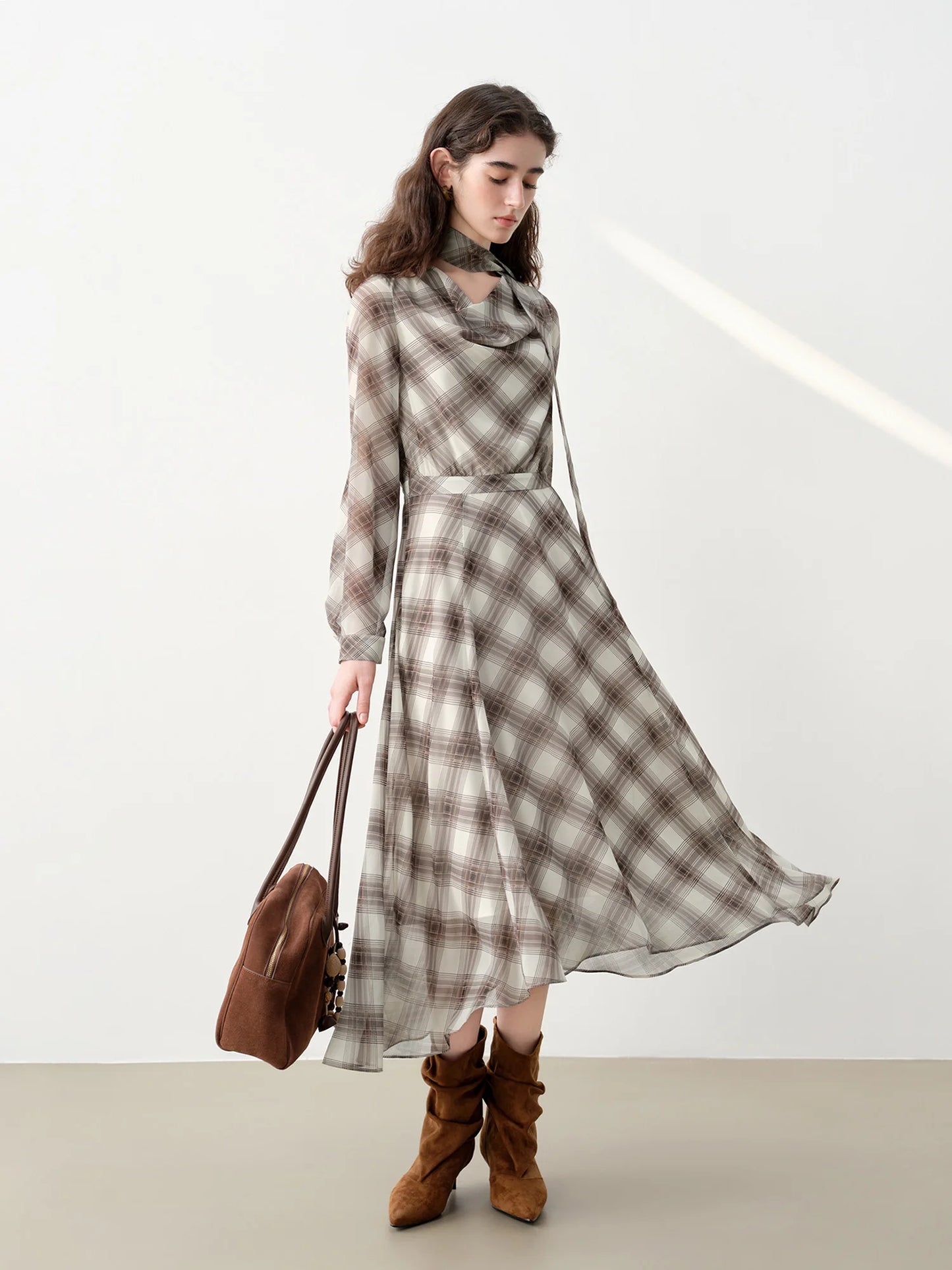 Plaid Ruffle Neck Midi Dress