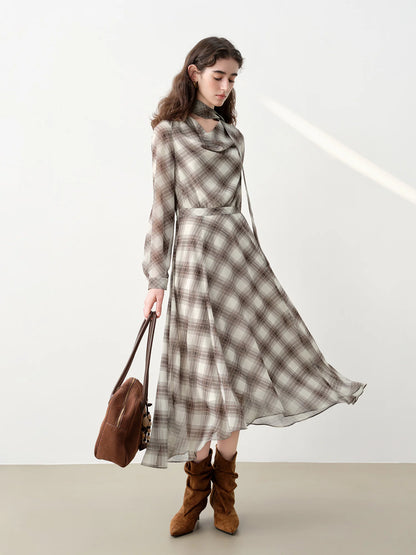 Plaid Ruffle Neck Midi Dress