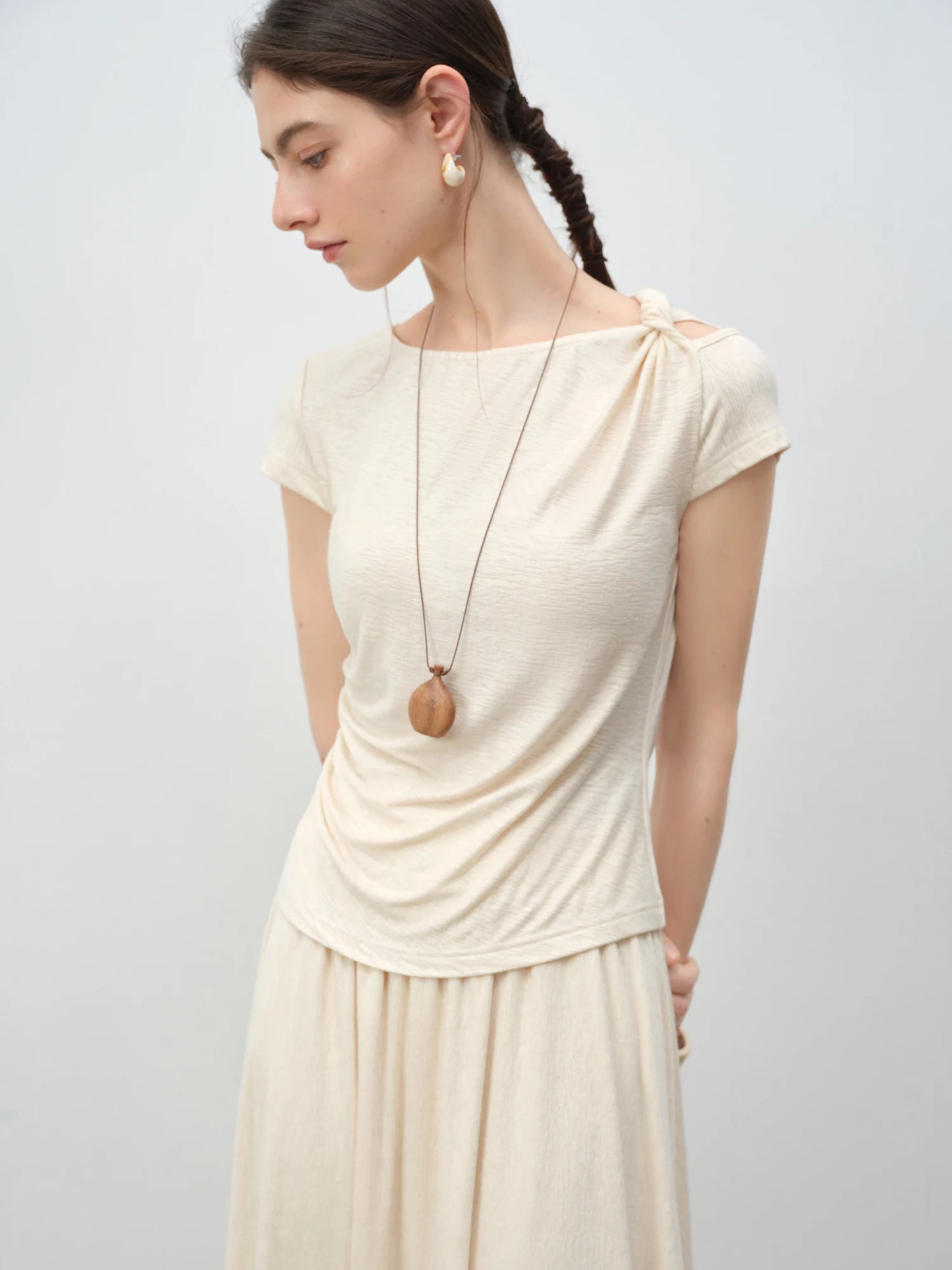 Cream Knit Tee Skirt Set
