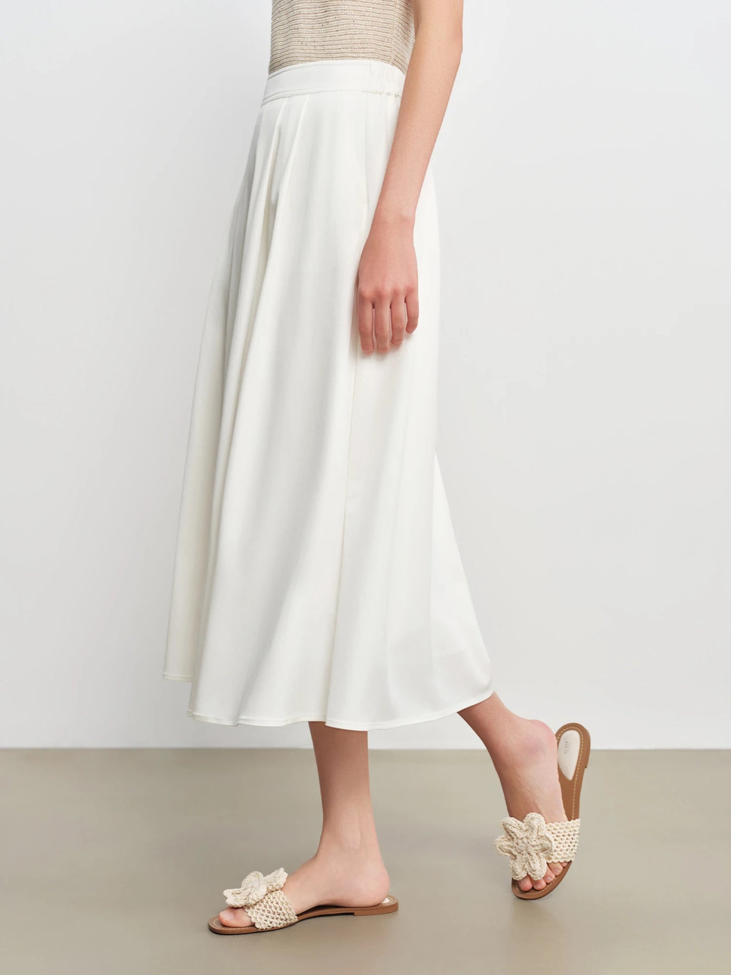 White Structured Pleated Midi Skirt