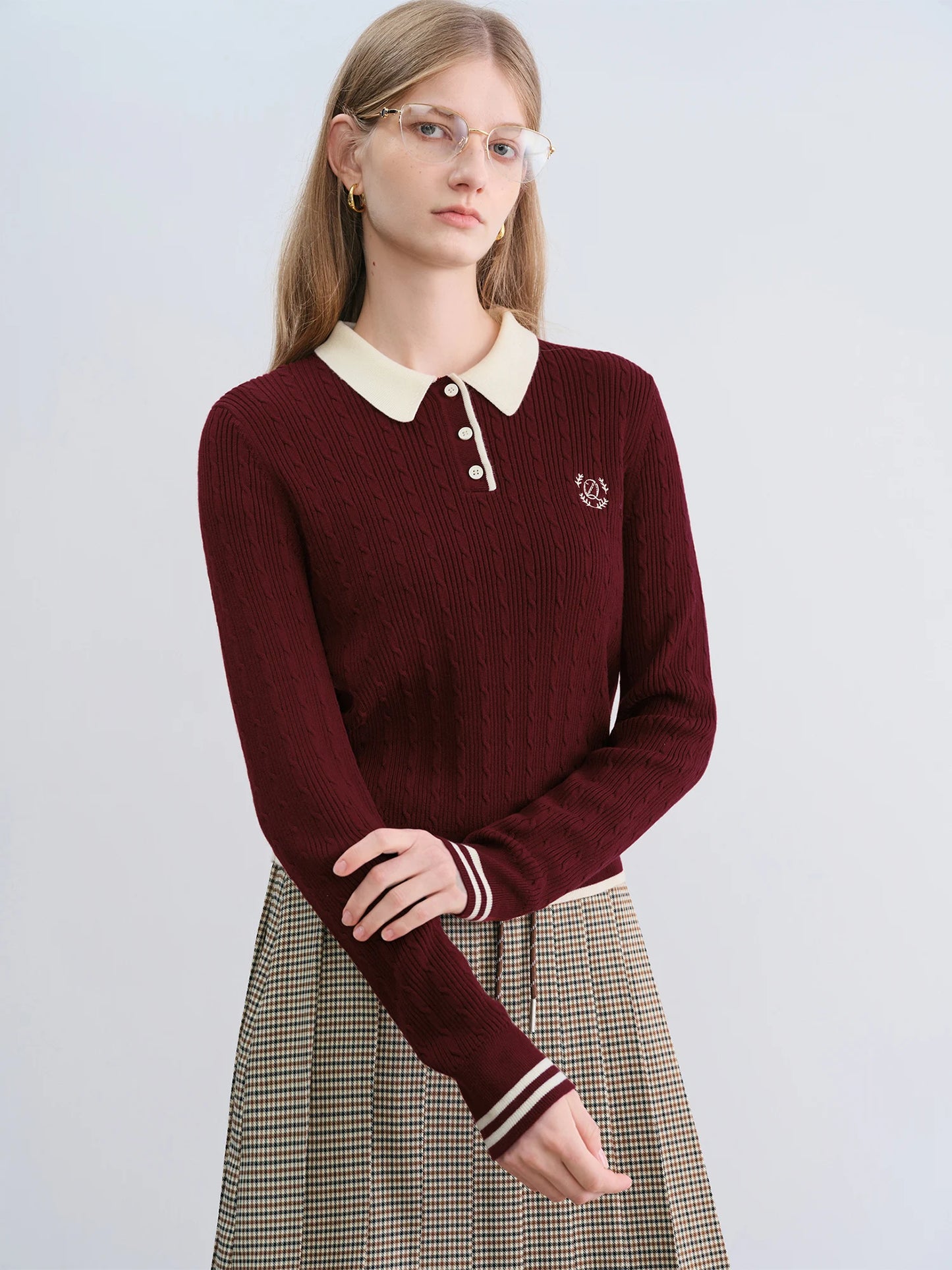 Burgundy Contrast Collar Polo Sweater