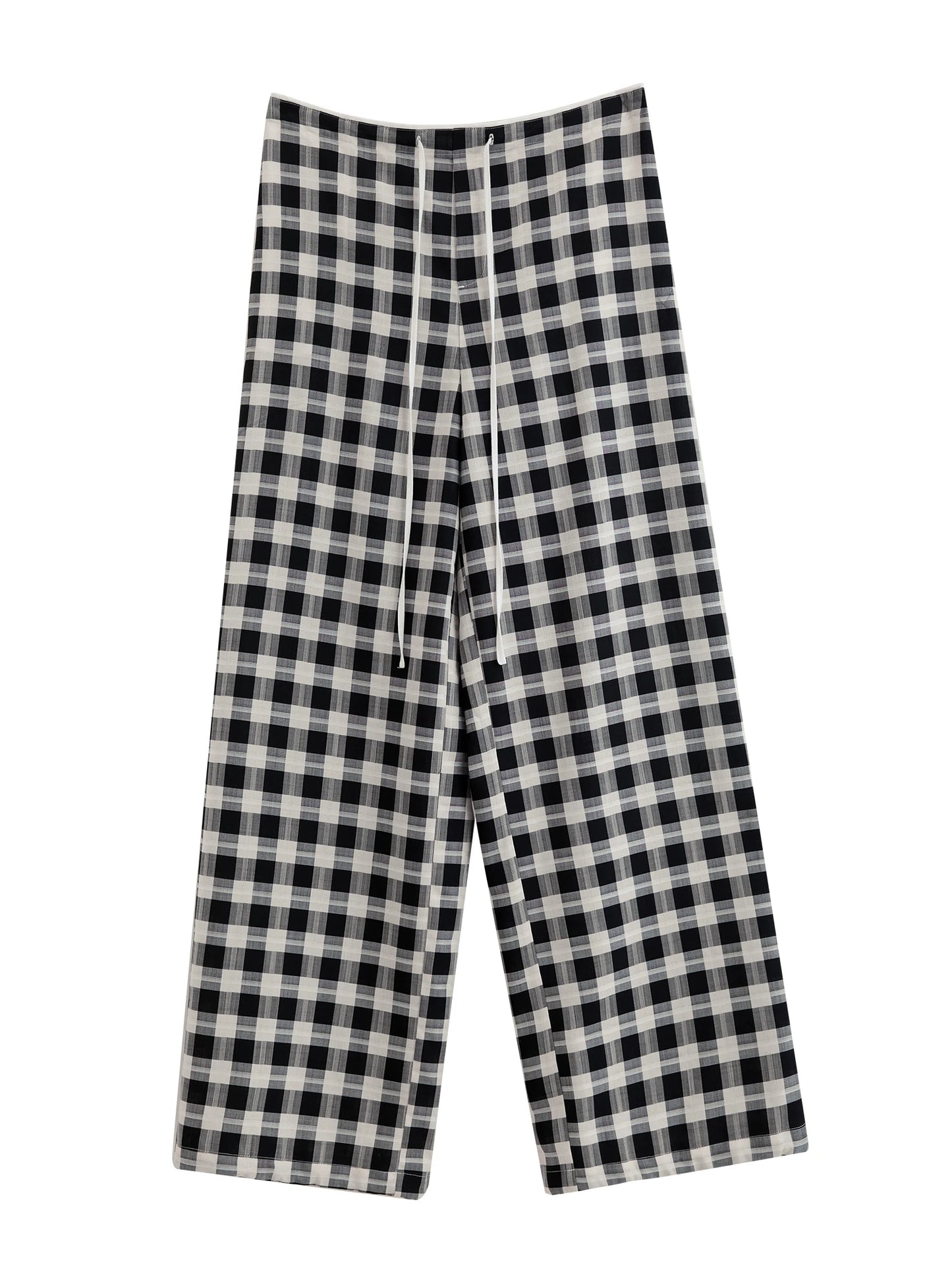 Black Plaid Drawstring Wide Pants