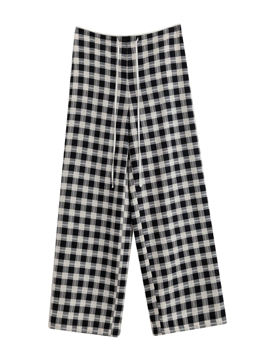 Black Plaid Drawstring Wide Pants
