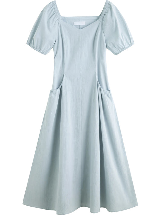 Blue Puff Sleeve Midi Dress