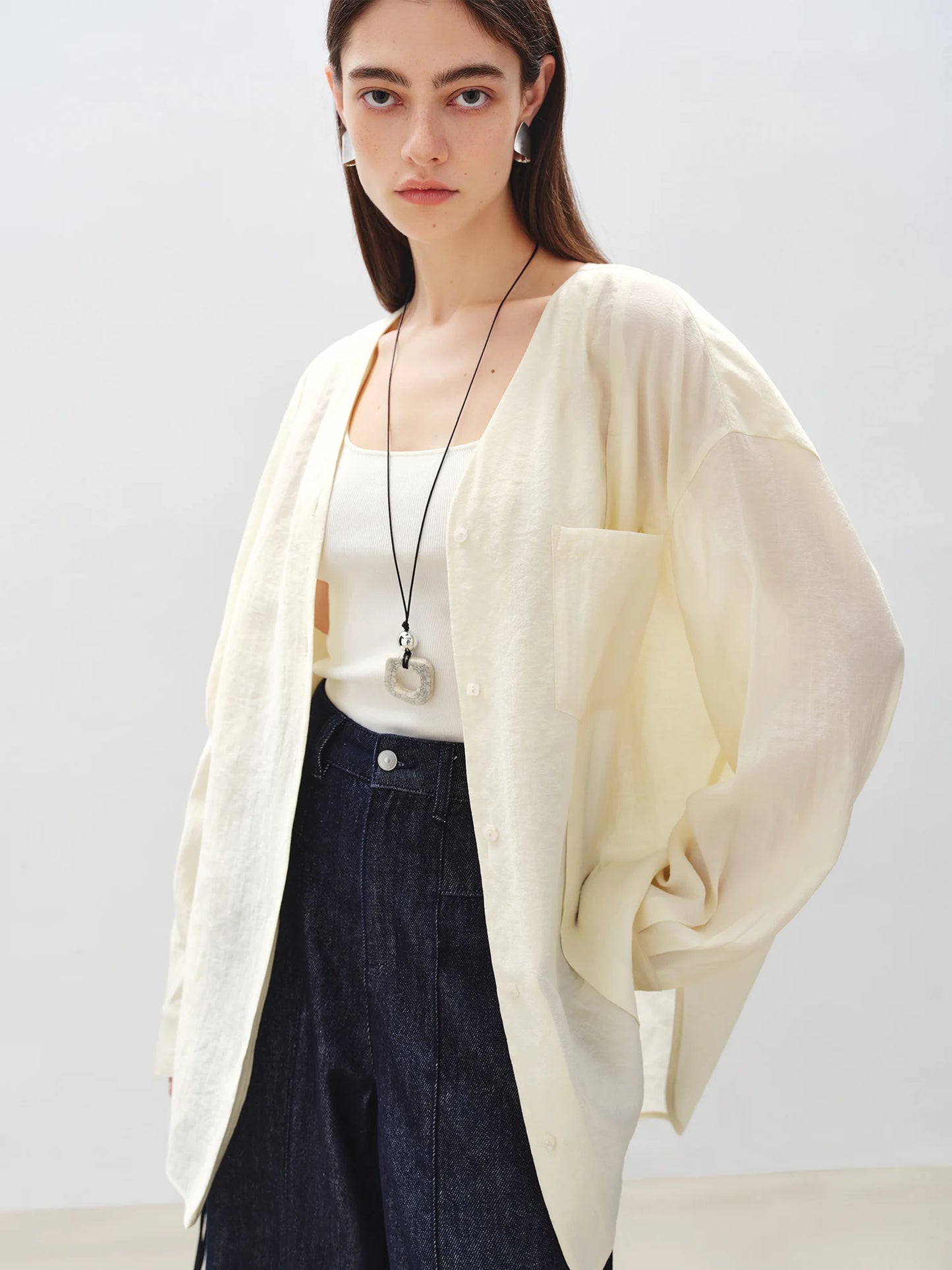 Ivory Linen V-Neck Blouse
