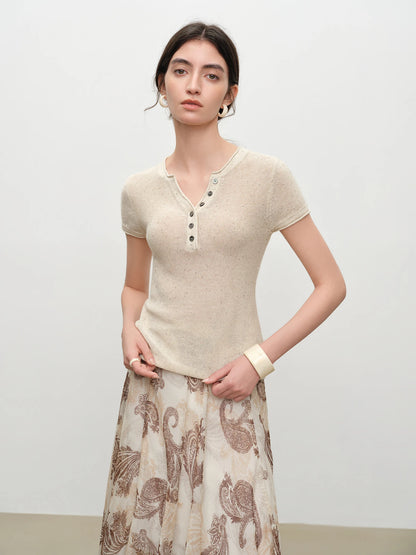 Beige Sequin Knit Henley Top