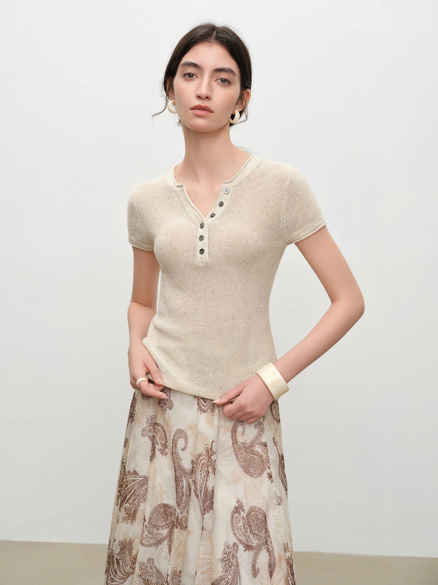 Beige Sequin Knit Henley Top