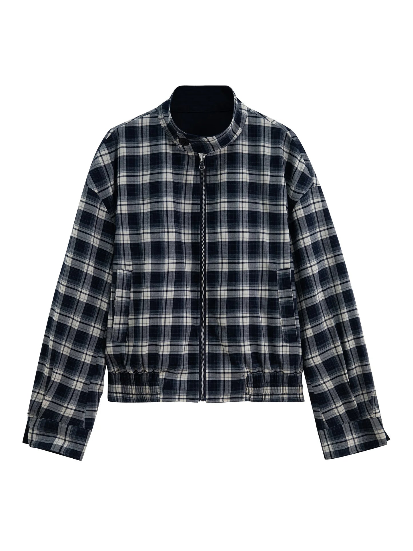 Navy Plaid Zip Short Jacket