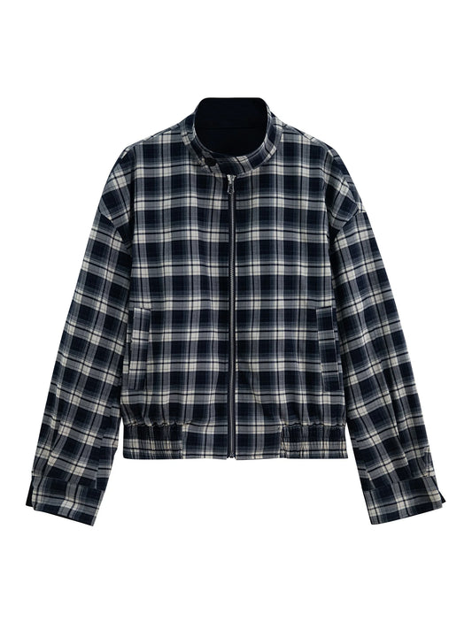 Navy Plaid Zip Short Jacket