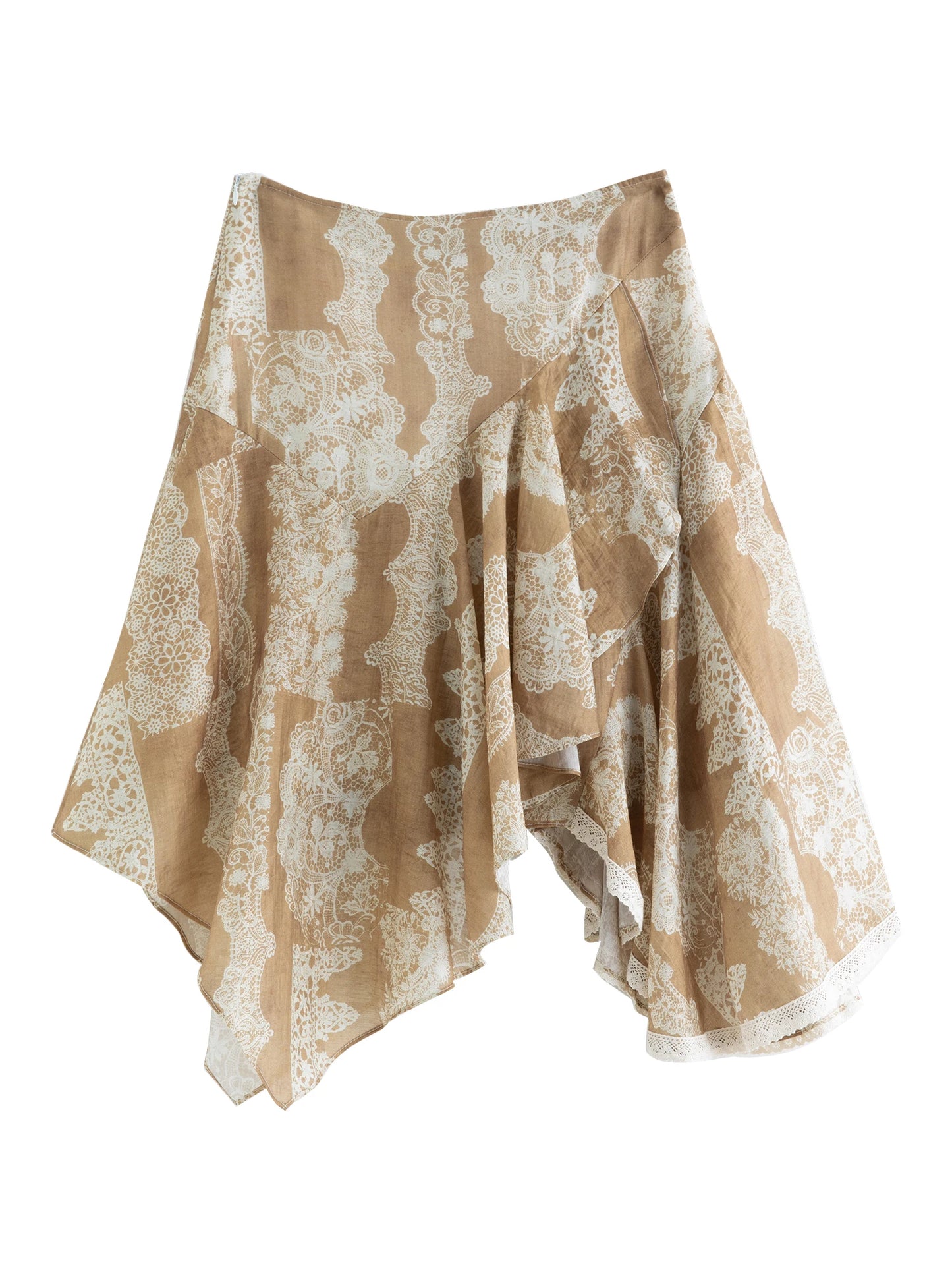 Tan Lace Print Asymmetric Skirt