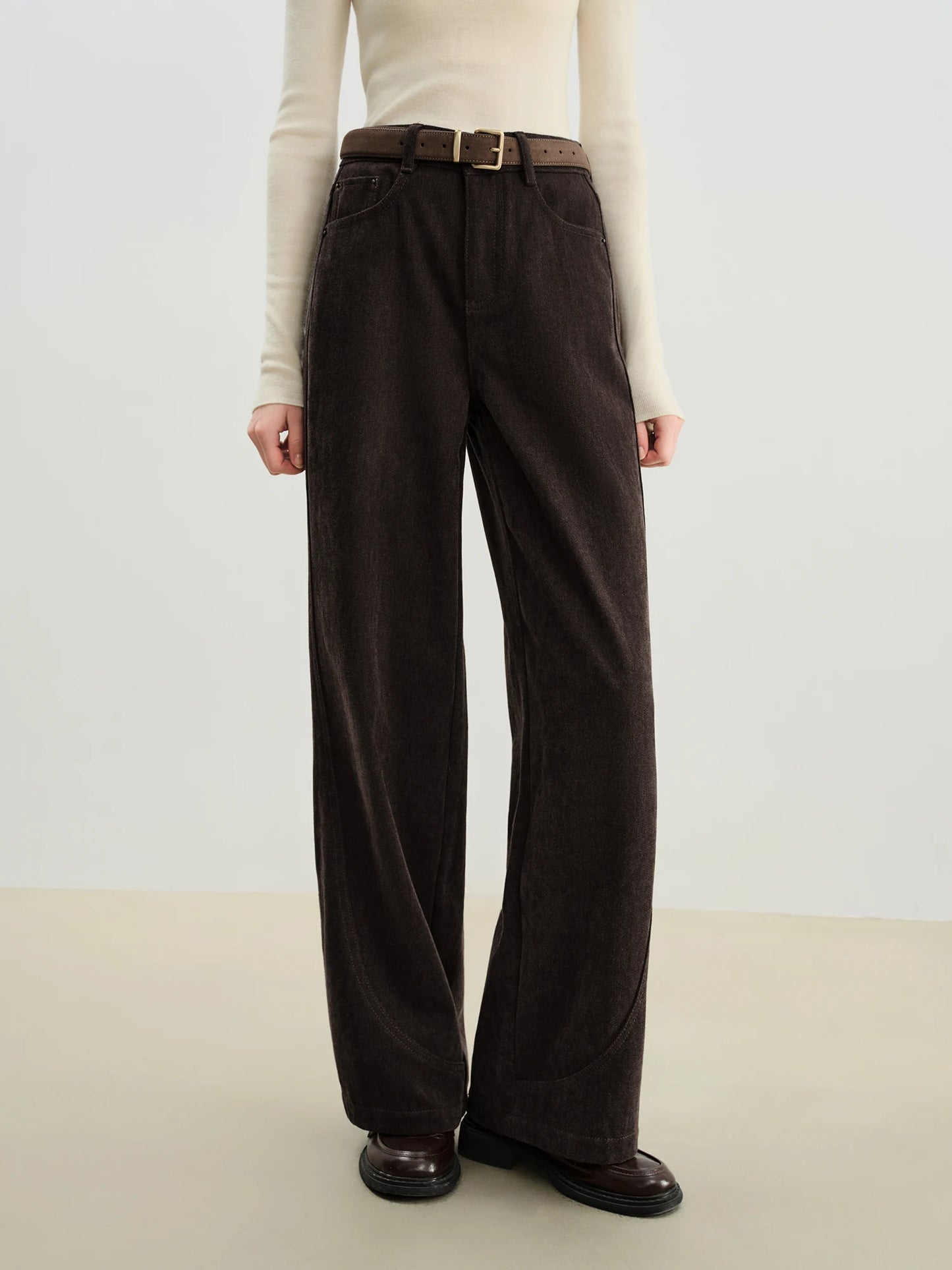 Dark Brown Curved Wide Leg Pants