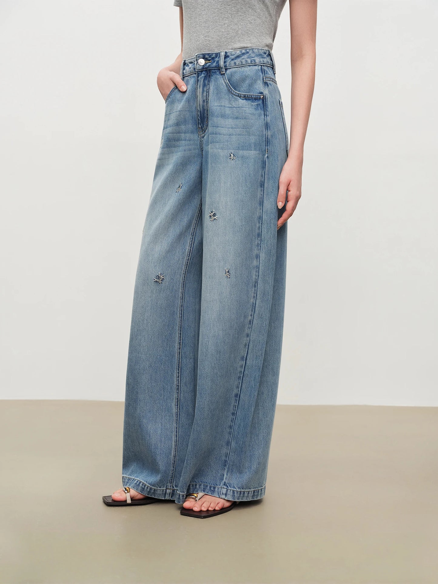Light Blue Embroidered Wide Jeans