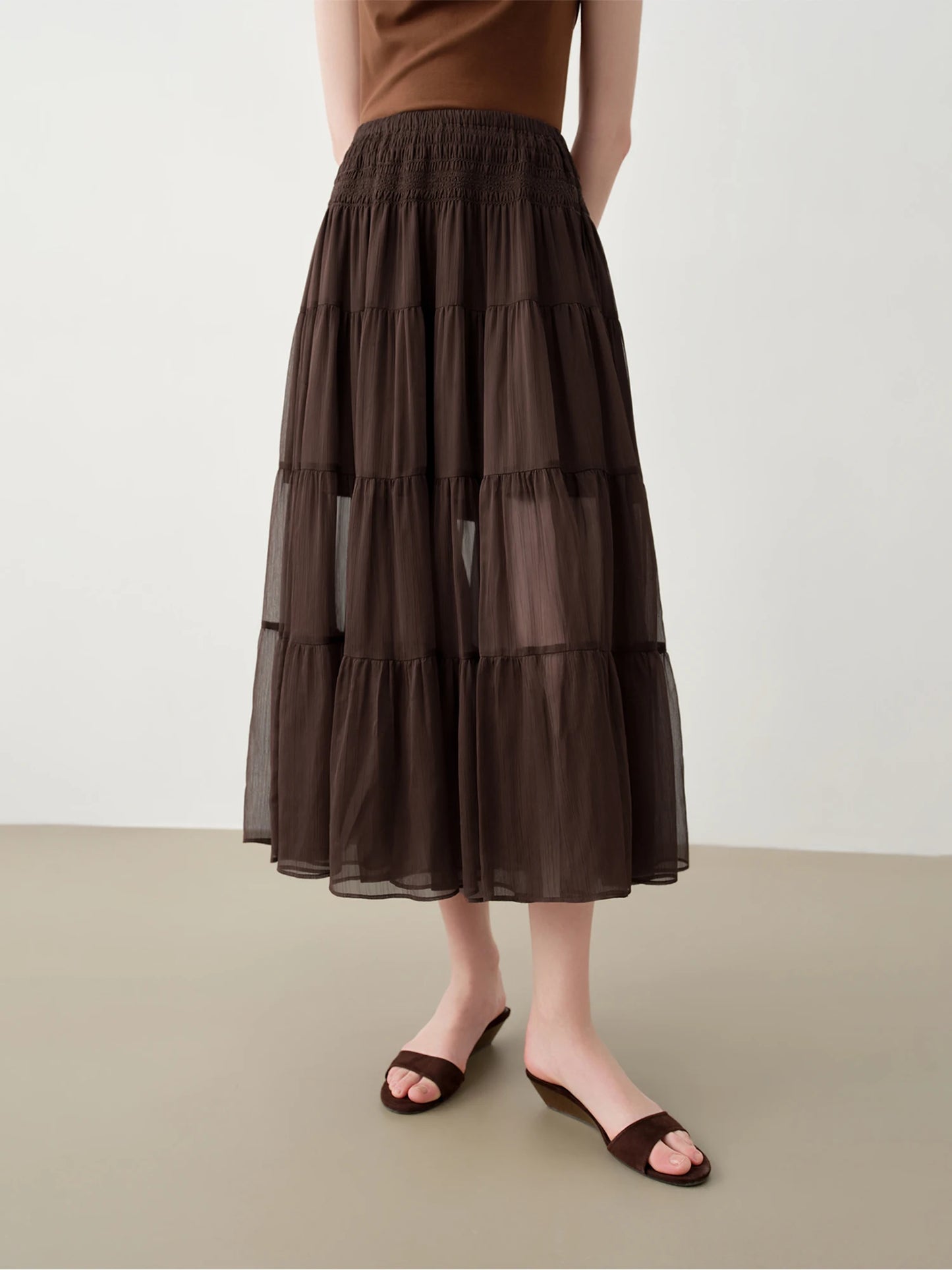 Textured Smocked Tiered Midi Skirt