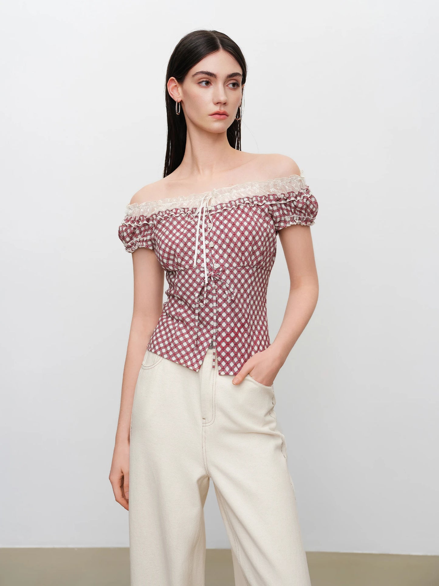 Black Plaid Lace Trim Blouse