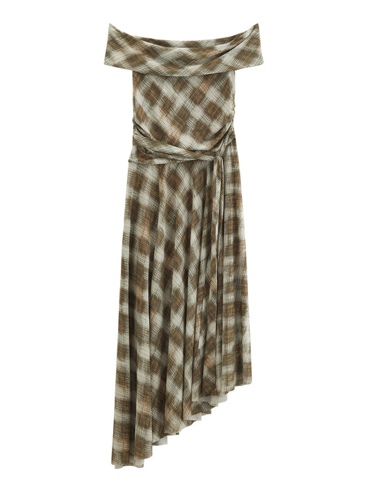 Plaid One Shoulder Midi Dress