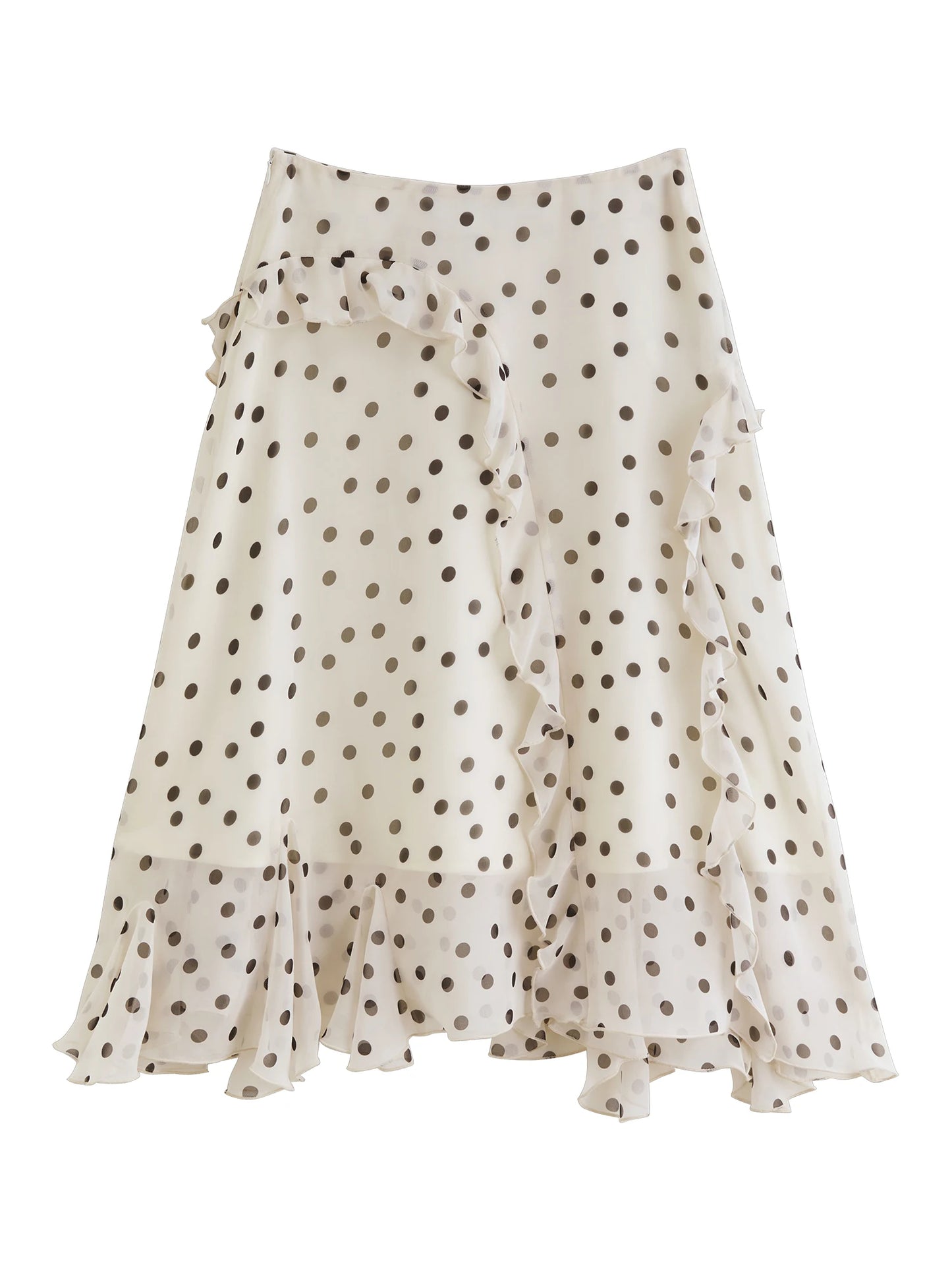 Dot Ruffle Asymmetric Midi Skirt