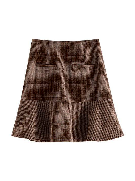 Brown Houndstooth Flounce Skirt