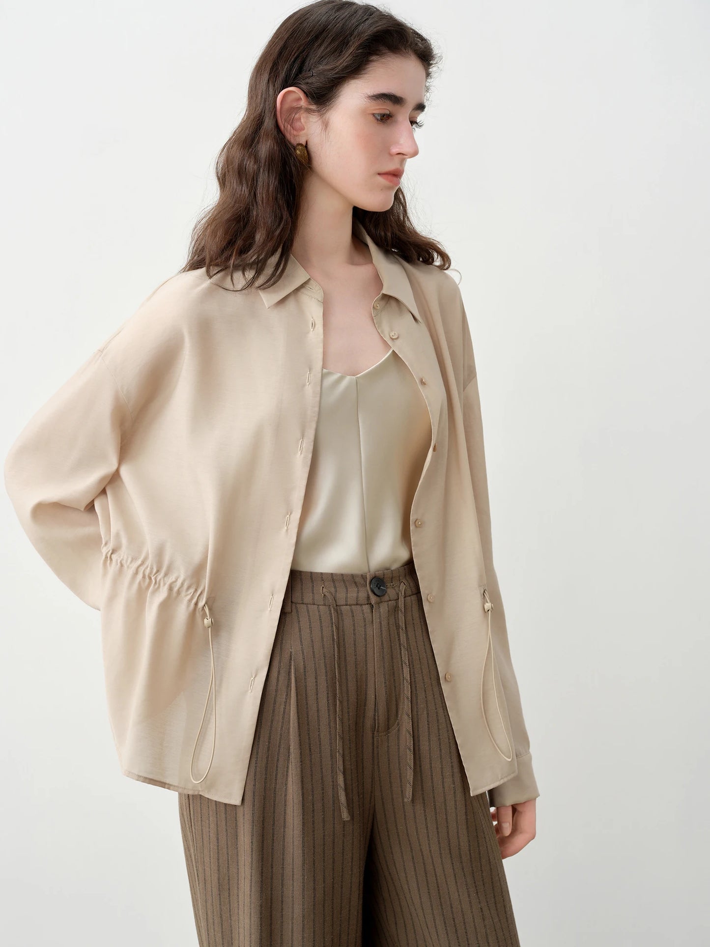 Taupe Gathered Waist Button Shirt