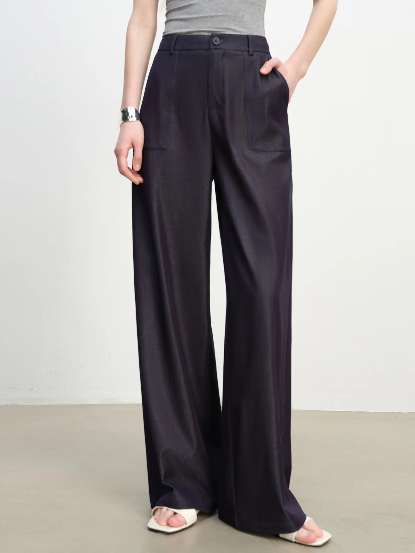 Navy Textured Wide Leg Pants