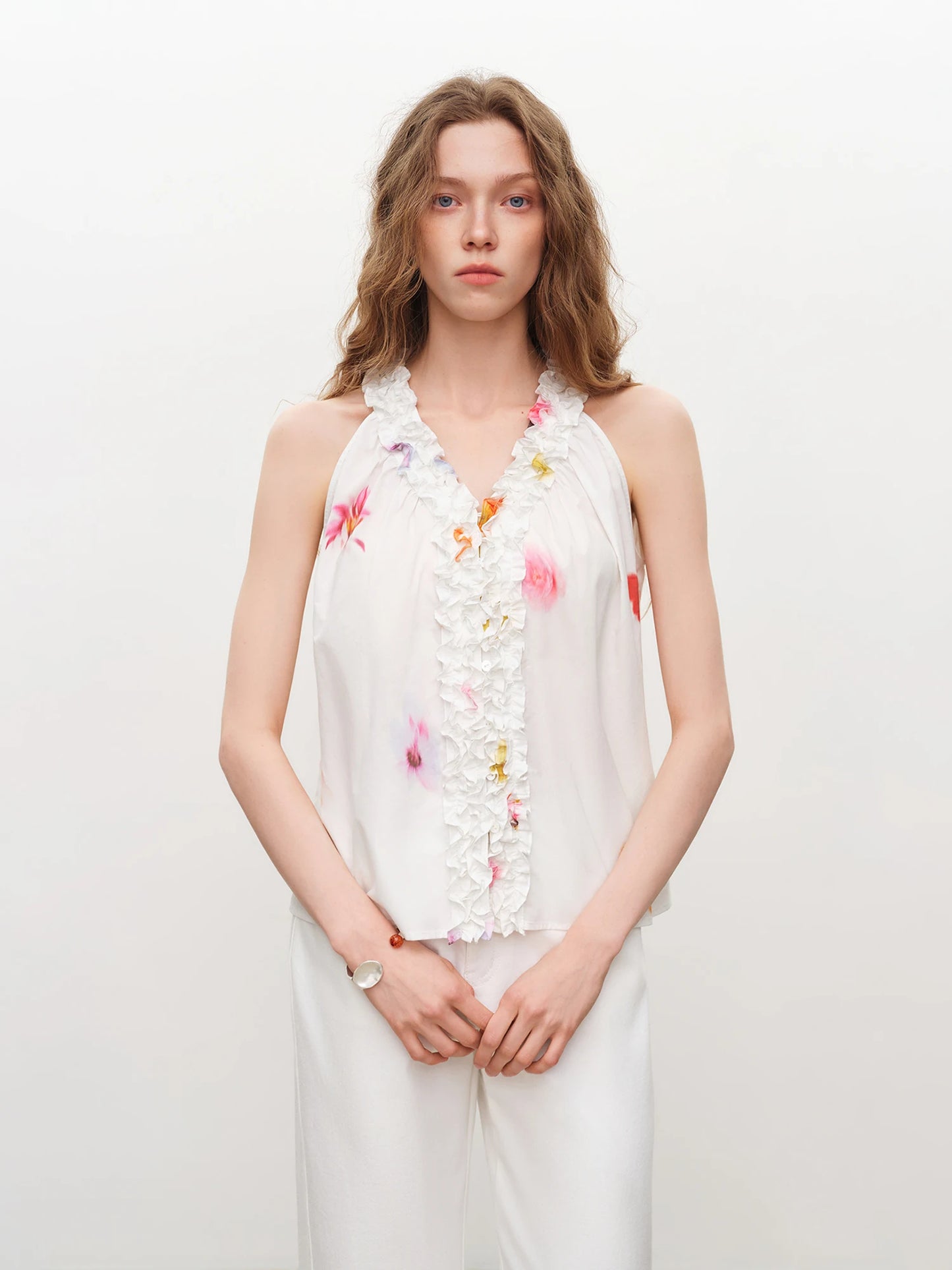 White Floral Embroidered Sleeveless Blouse