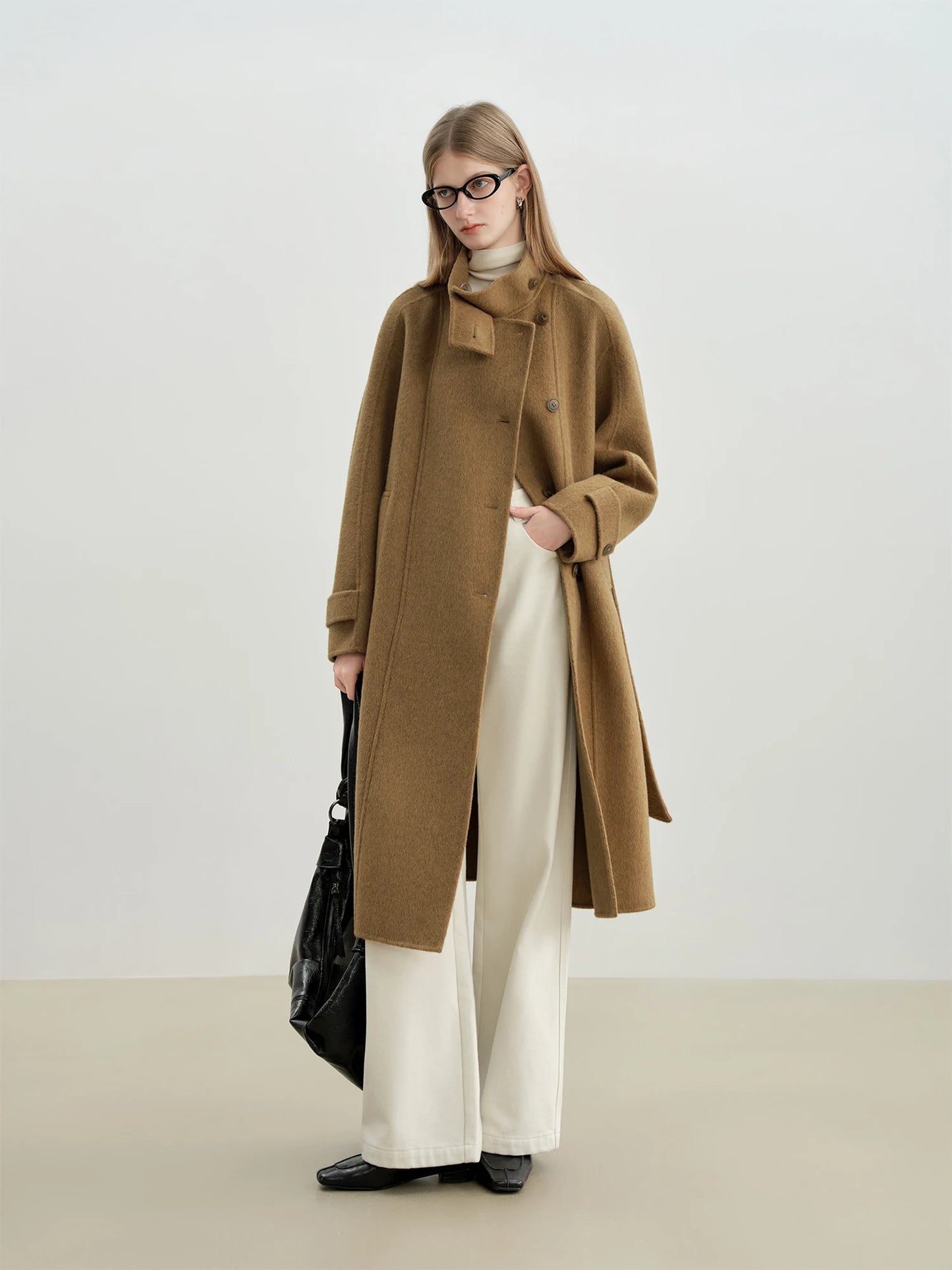 Grey Stand Collar Wool Coat