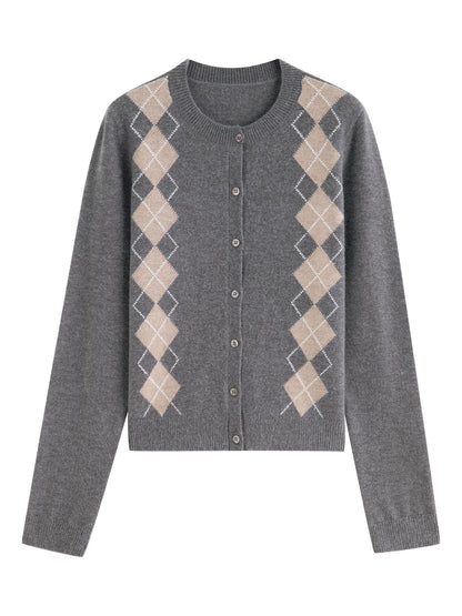 Grey Argyle Button Knit Cardigan