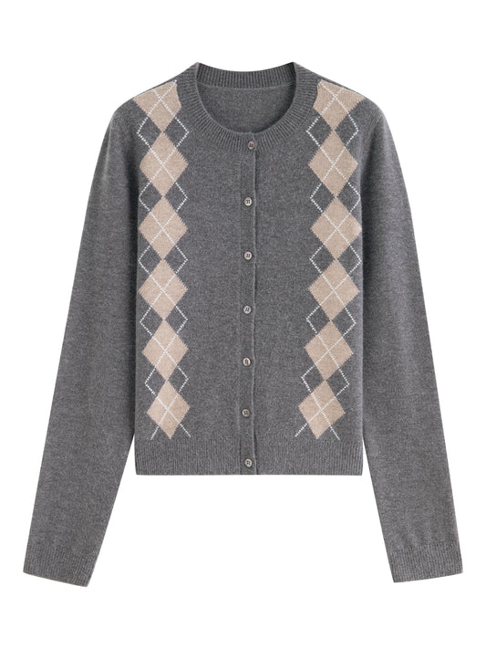 Grey Argyle Button Knit Cardigan