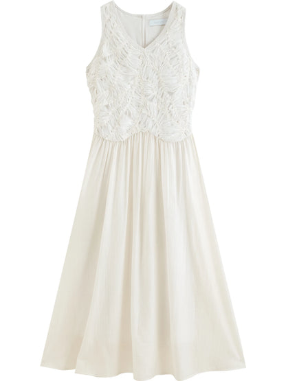 Ivory Embroidered V-Neck Midi Dress