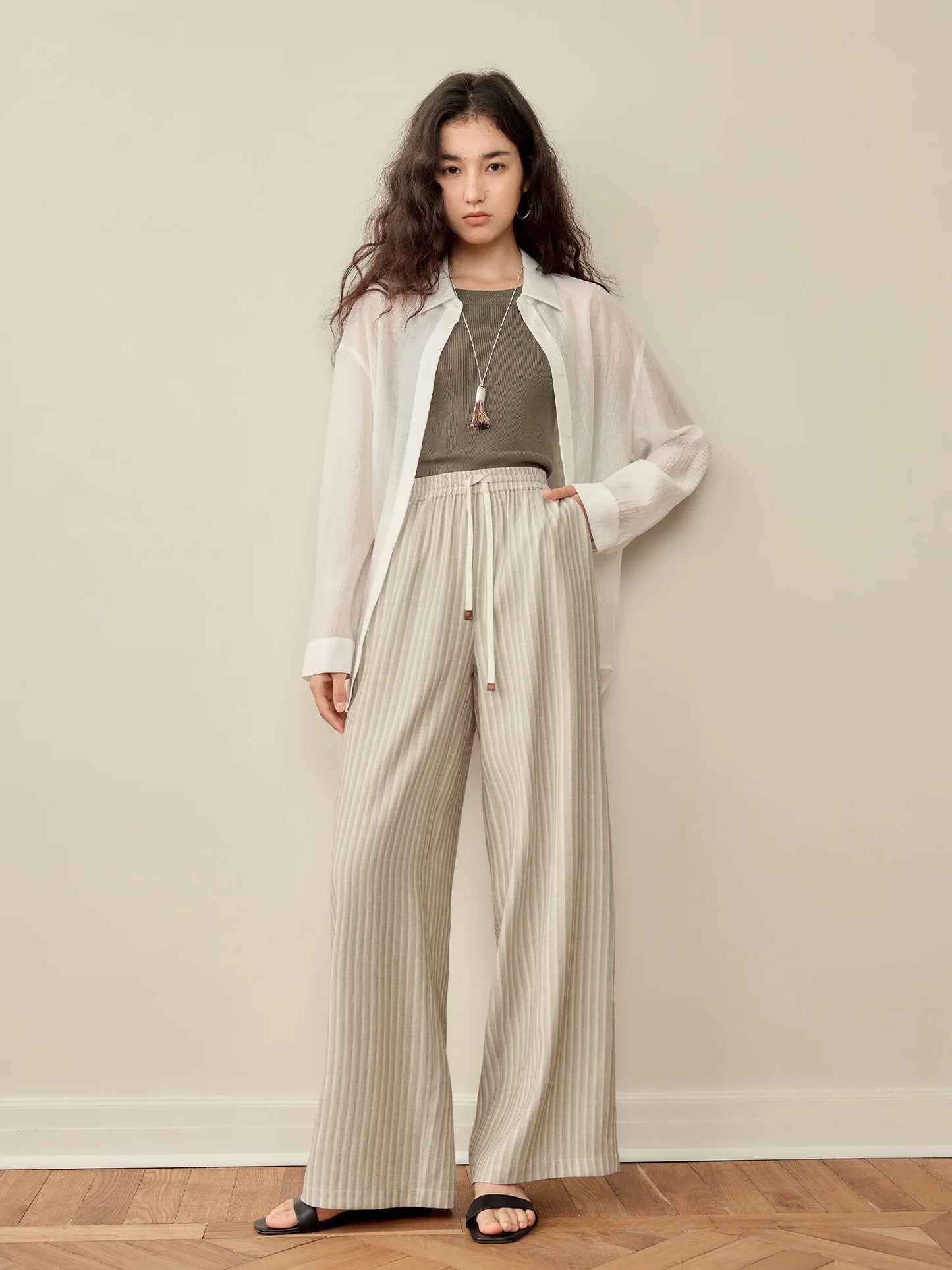 Grey Striped Drawstring Pants