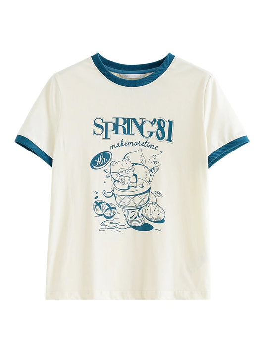 Cream Contrast Trim Graphic Tee