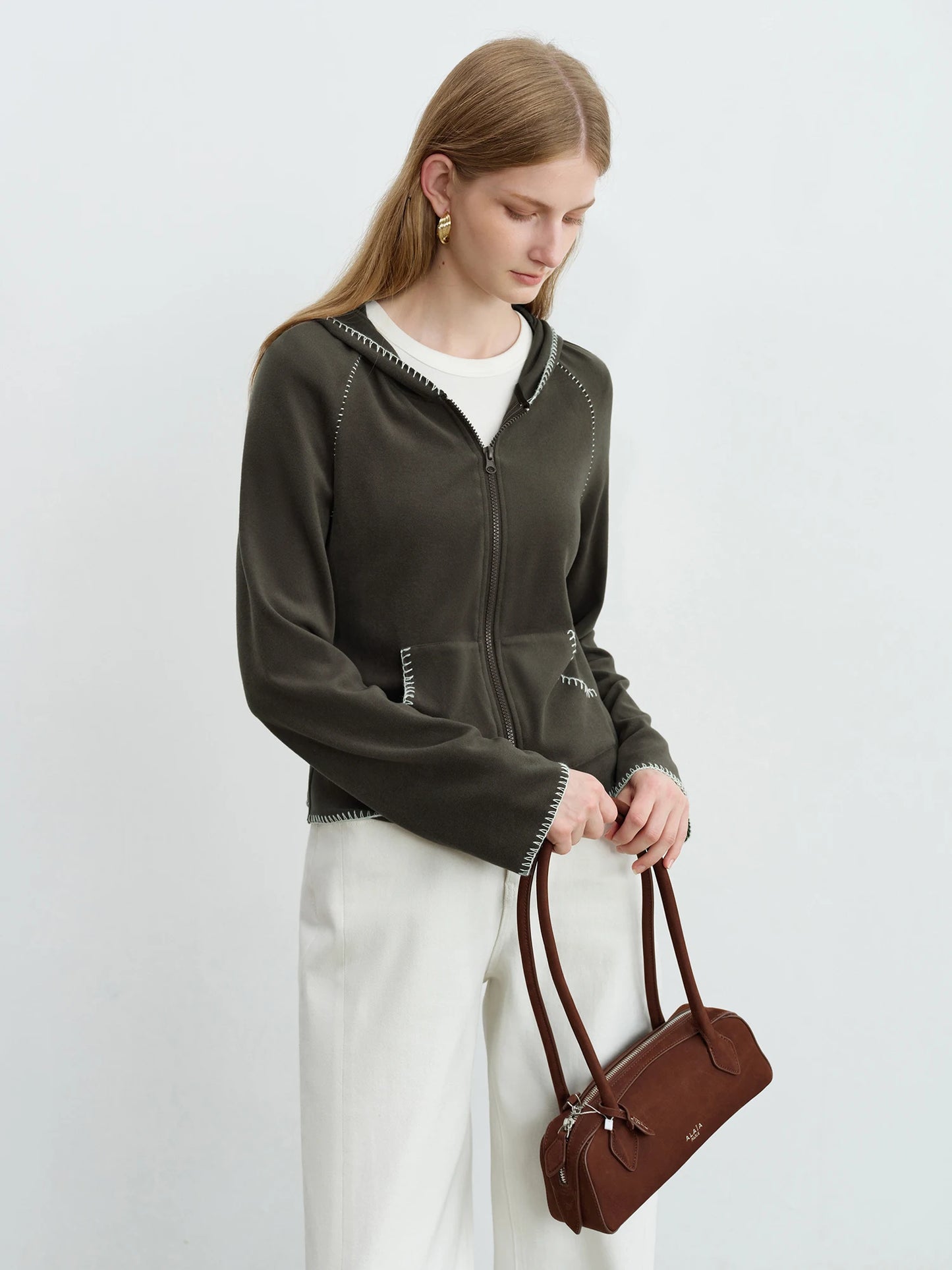 Olive Contrast Stitch Zip Hoodie