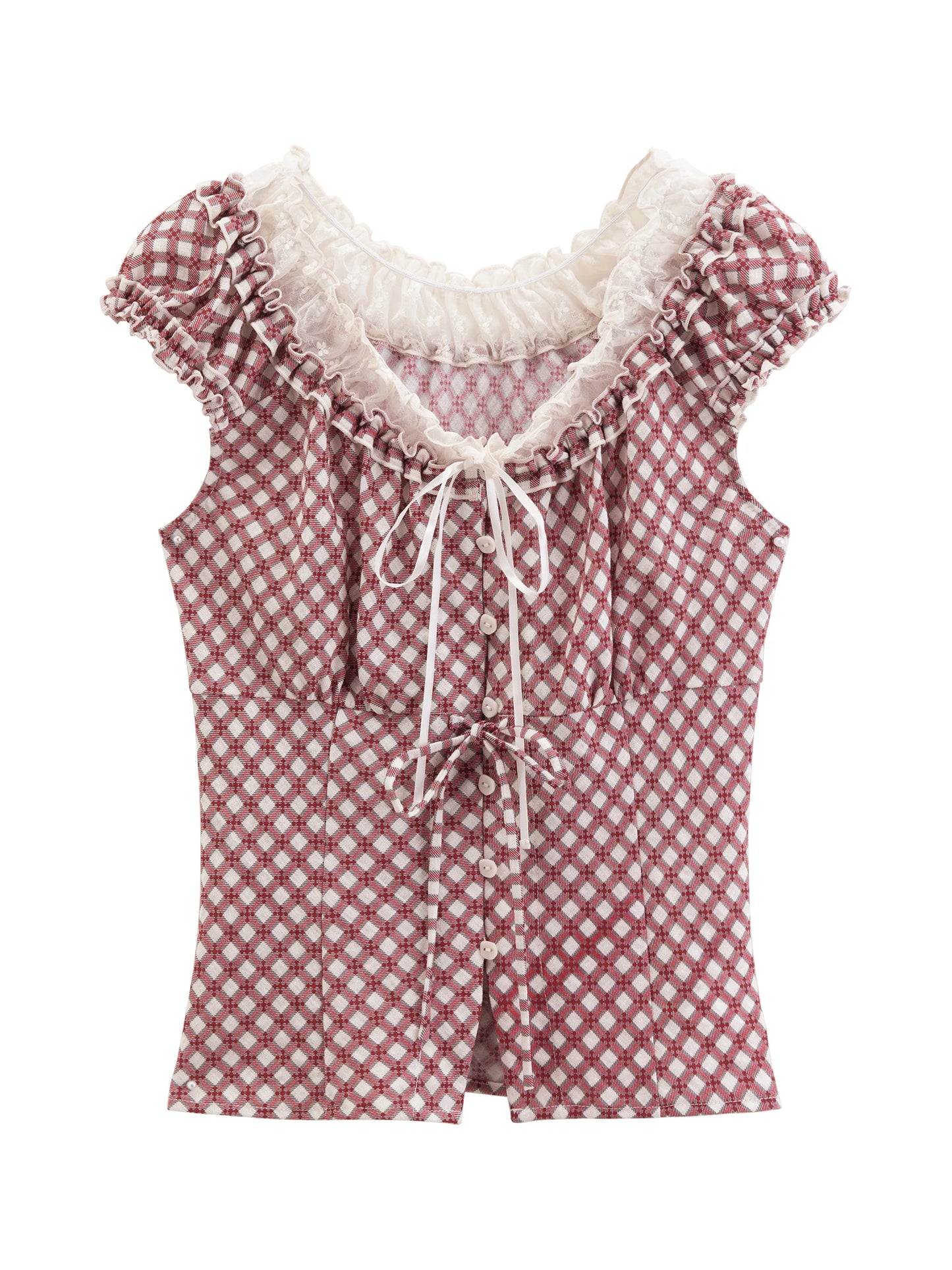 Black Plaid Lace Trim Blouse