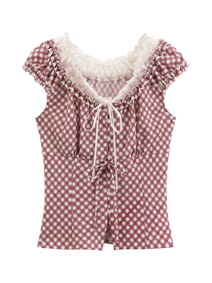 Black Plaid Lace Trim Blouse
