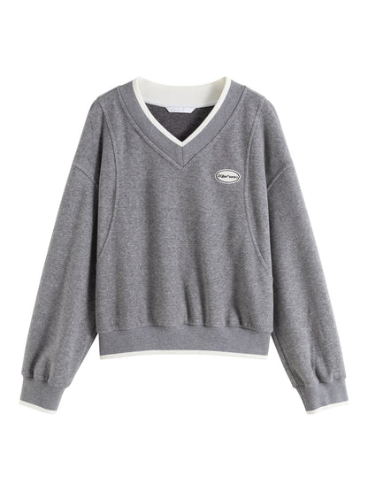 Contrast V-Neck Sweatshirt Pants Set