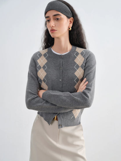 Grey Argyle Button Knit Cardigan