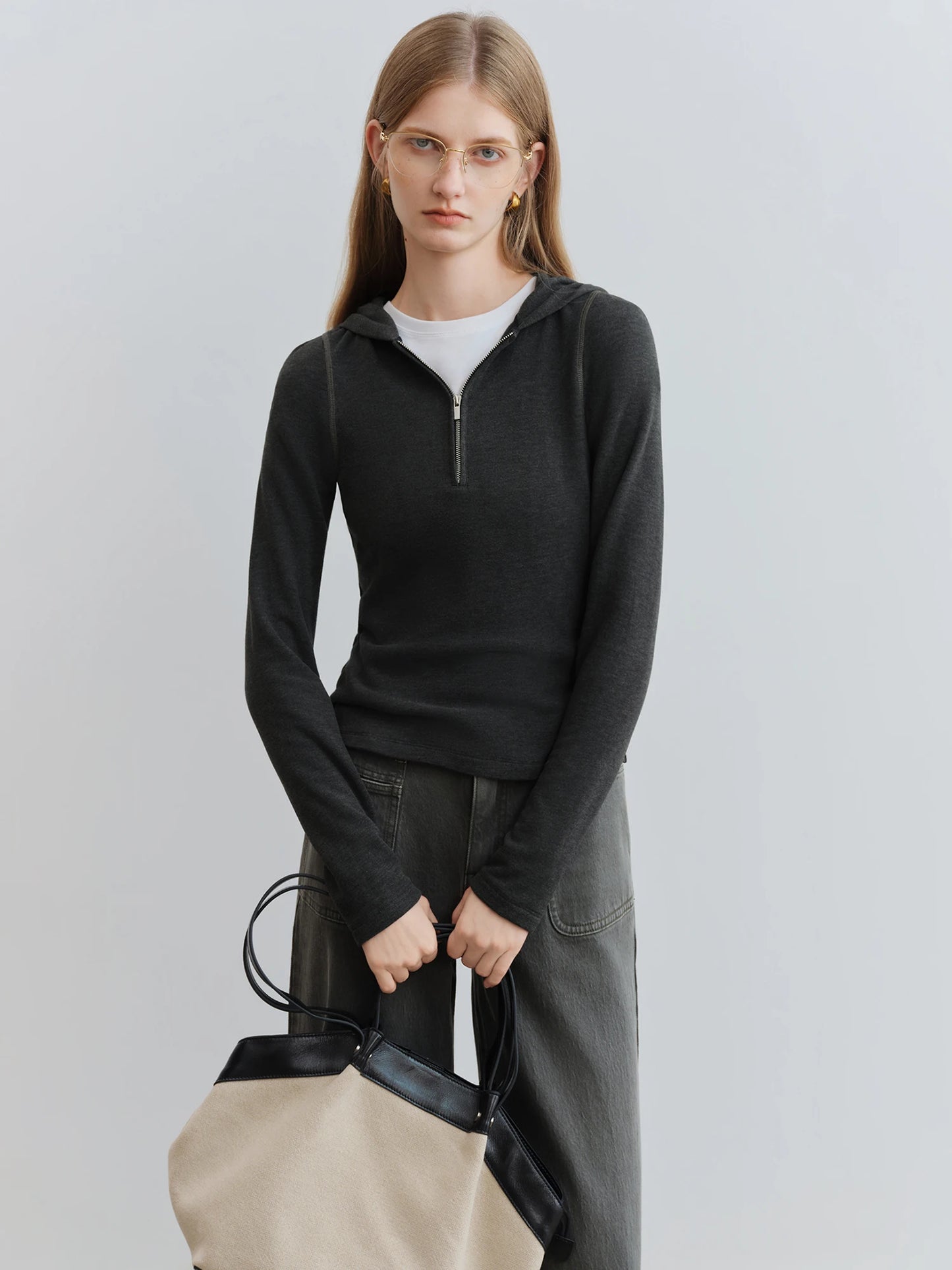 Charcoal Half Zip Hooded Top