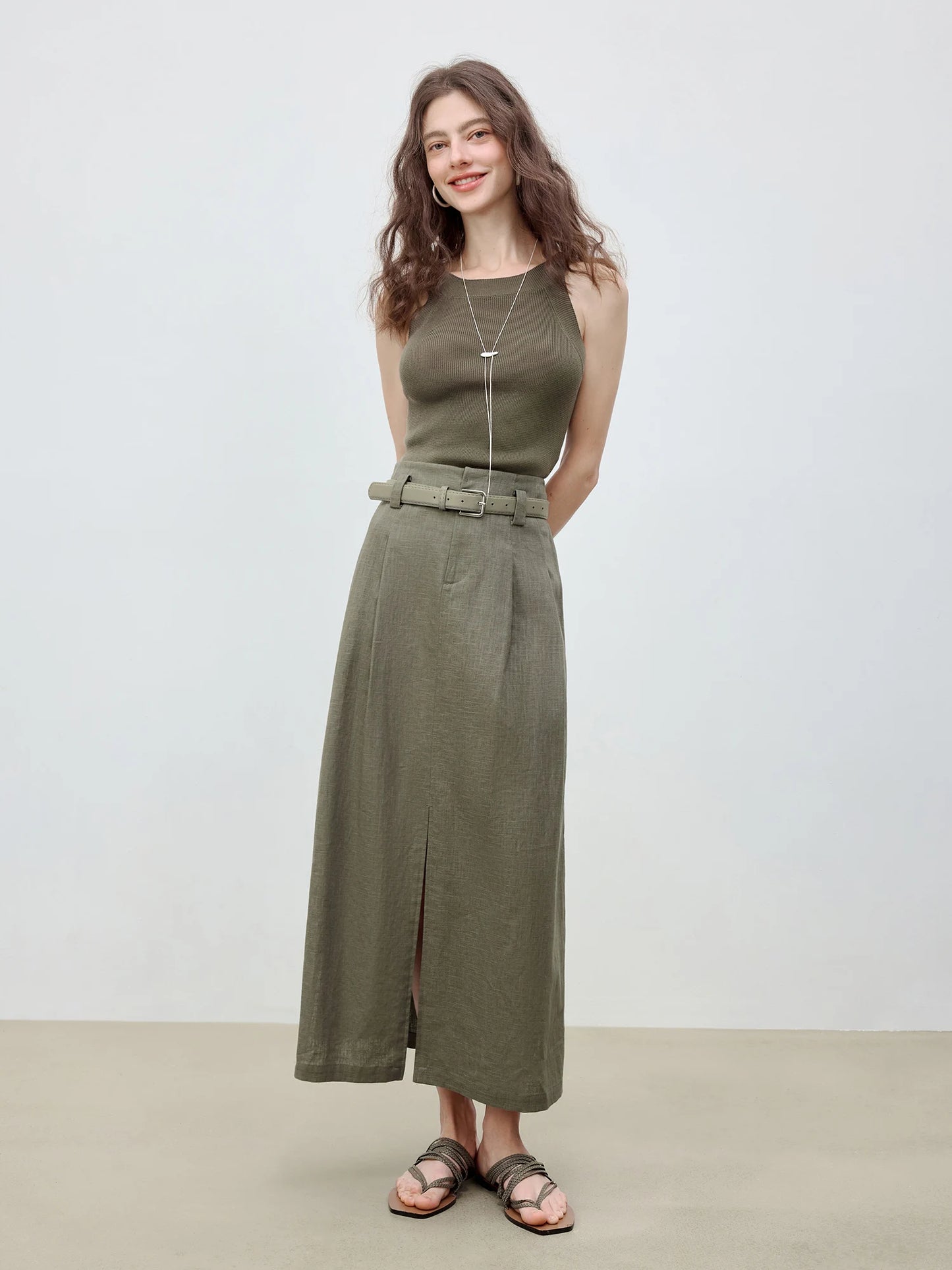 Linen A-Line Vent Hem Midi Skirt
