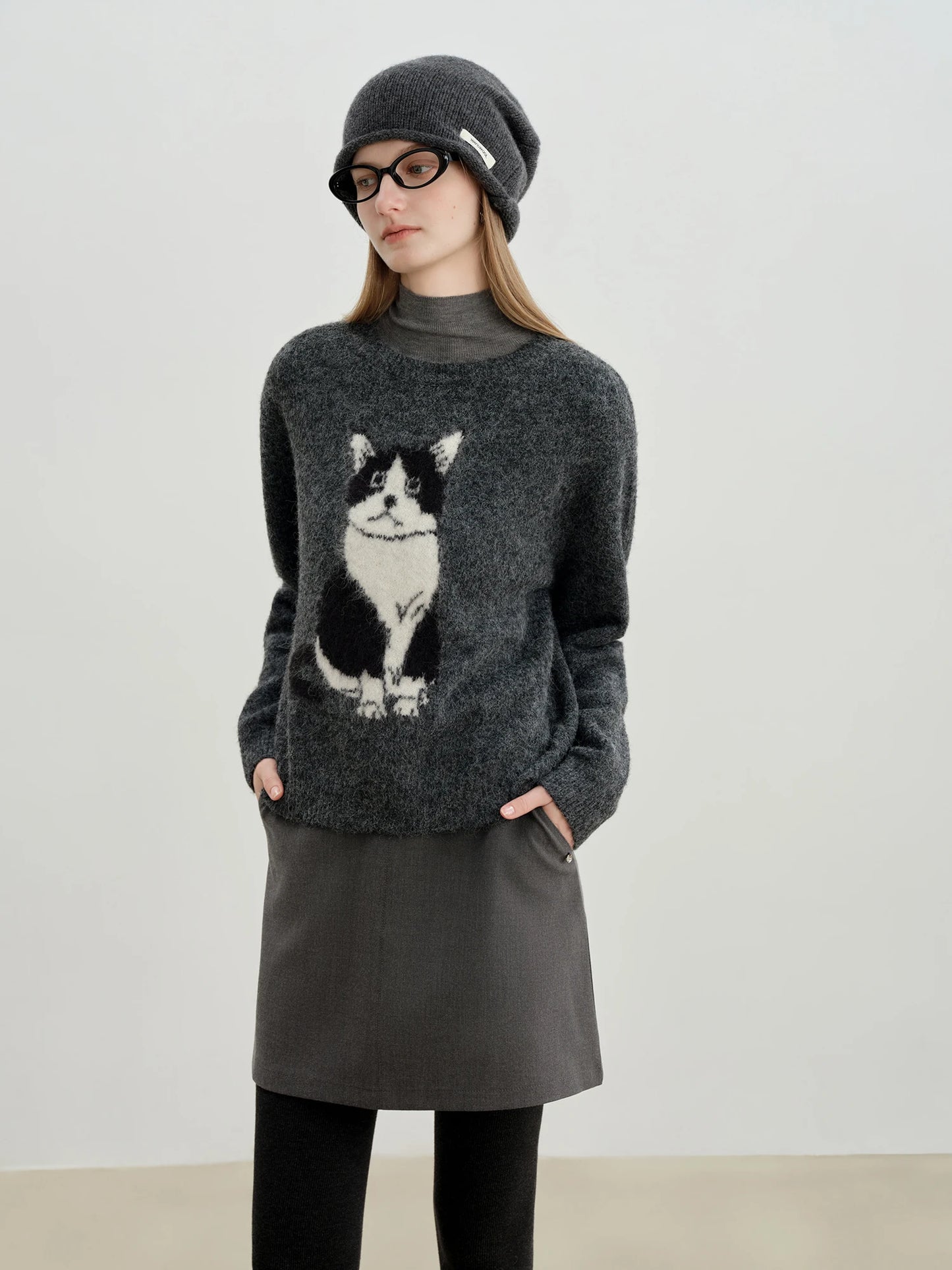 Charcoal Cat Jacquard Crew Sweater