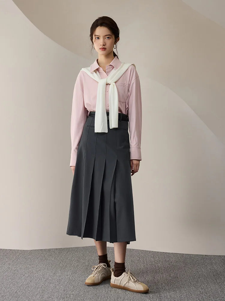Solid High Waist Pleated Midi Skirt